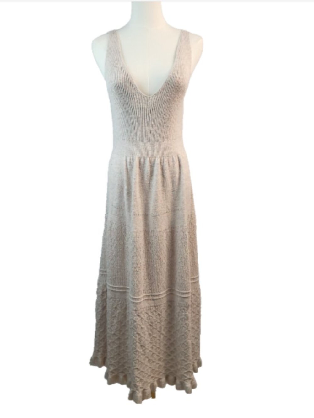 La Vie Medium Beige Cotton Knit Midi Dress RTR Ribbed Bodice Scallop Hem Party - Picture 4 of 15